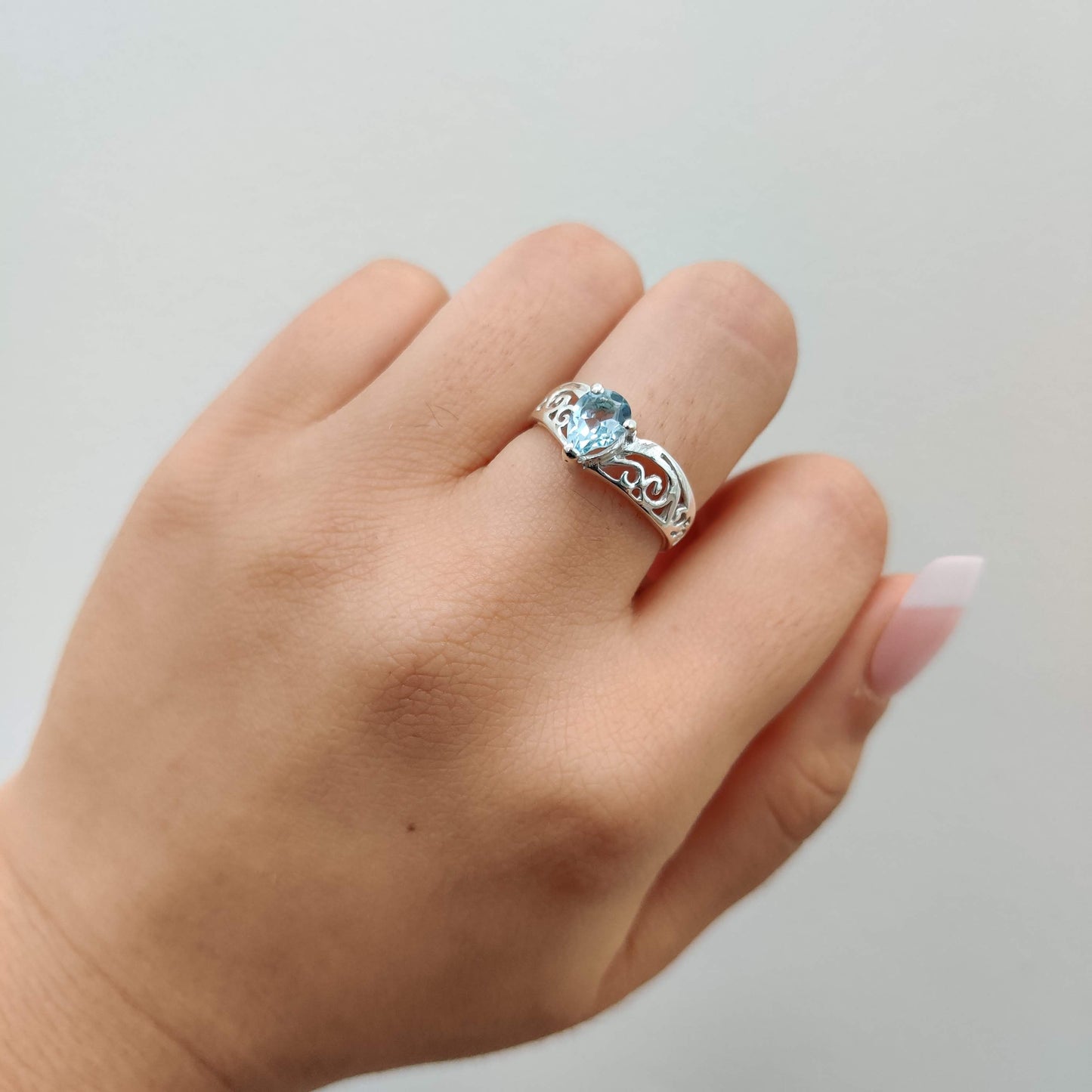 Blue Topaz Tear Drop 925 Sterling Silver Ring with Koru Design - Rivendell Shop