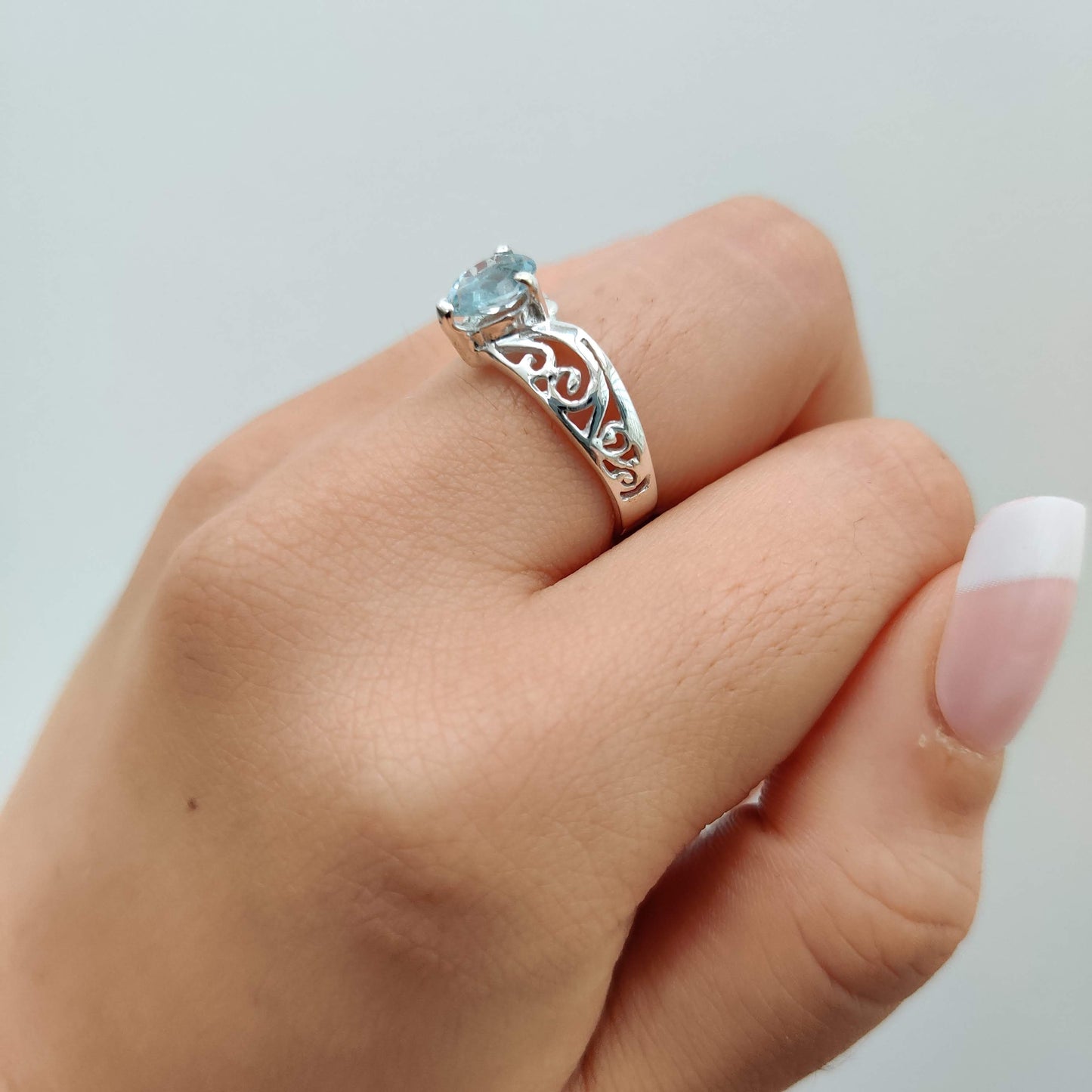 Blue Topaz Tear Drop 925 Sterling Silver Ring with Koru Design - Rivendell Shop