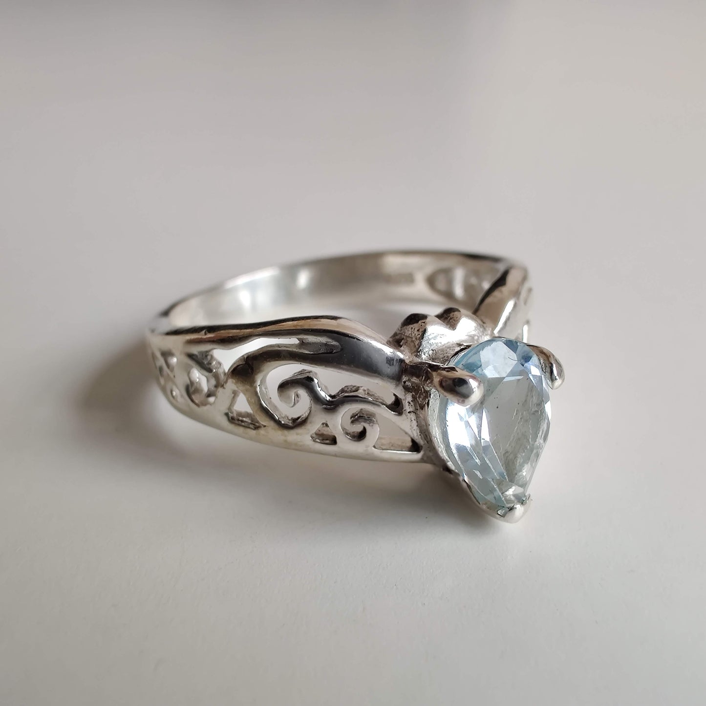 Blue Topaz Tear Drop 925 Sterling Silver Ring with Koru Design - Rivendell Shop
