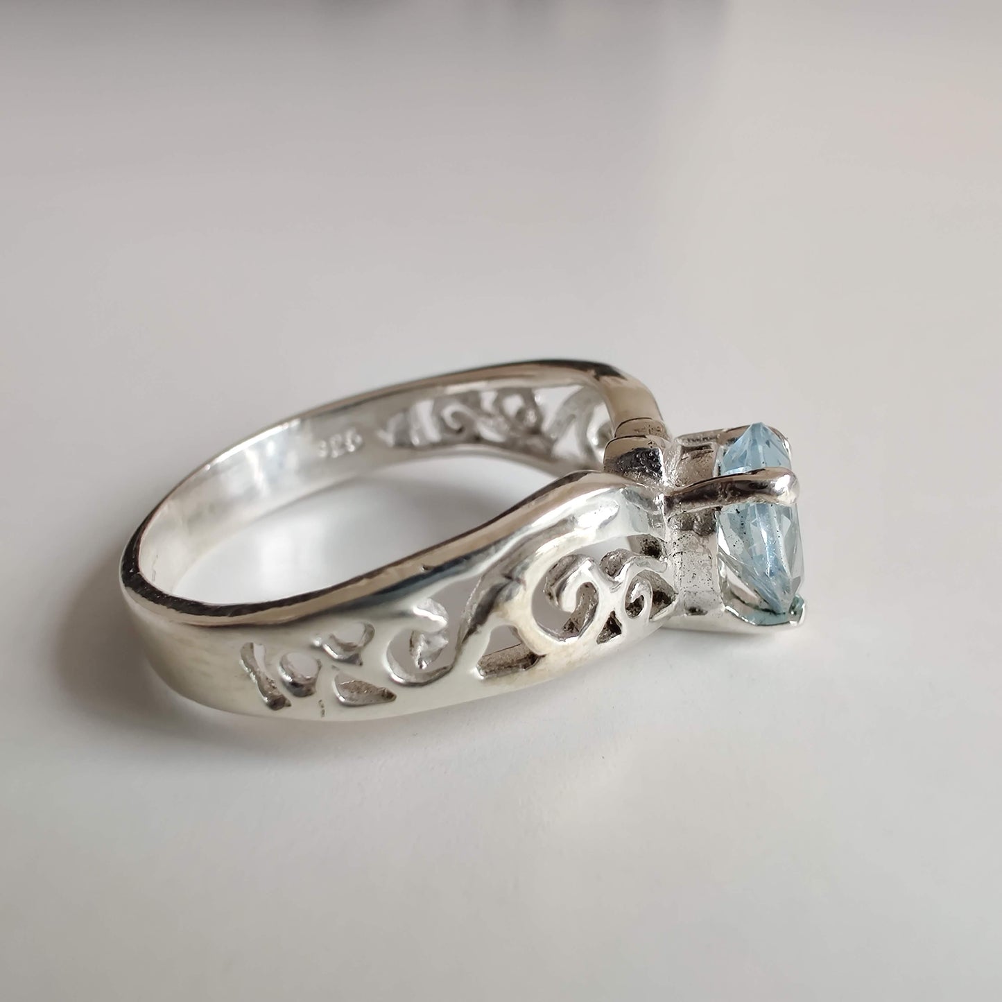 Blue Topaz Tear Drop 925 Sterling Silver Ring with Koru Design - Rivendell Shop