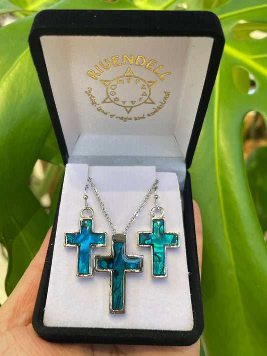 Paua Pendant & Earrings Set - Cross