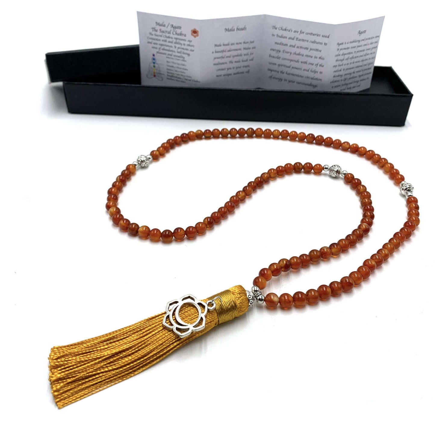 Agate Mala Beads with Sacral Chakra Charm- 108 Beads