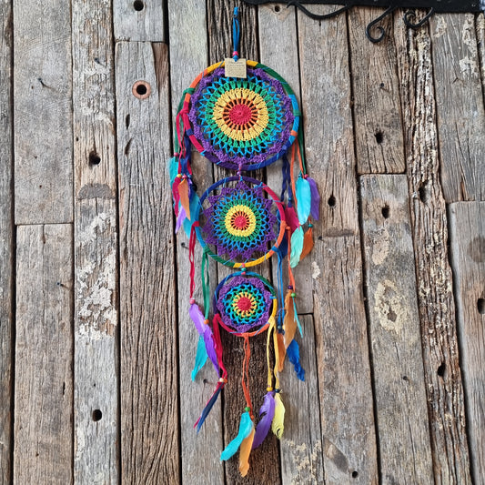 Crochet rainbow dream catcher 3 hoop - Rivendell Shop