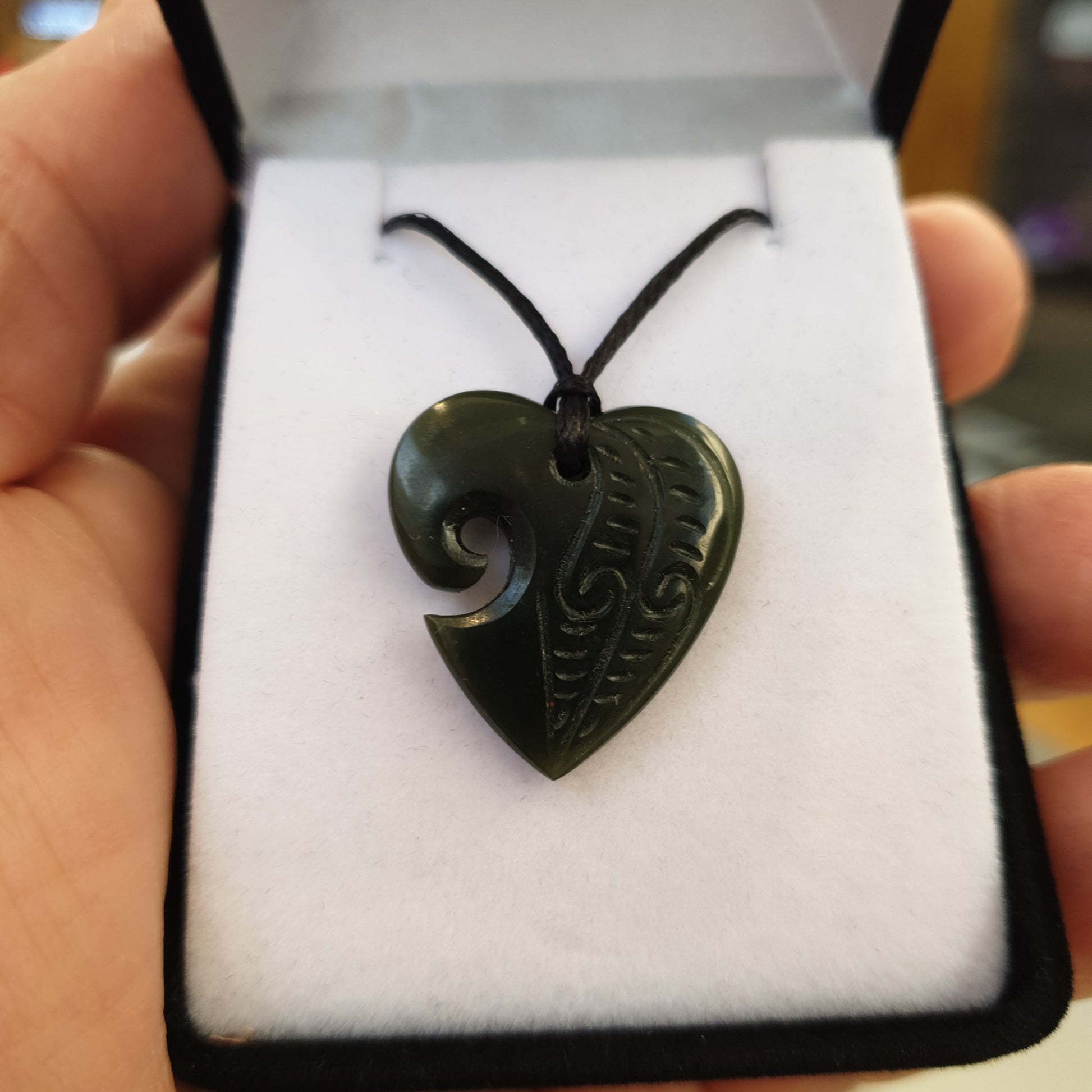 Heart Greenstone Pendant with Carved Detail - Rivendell Shop