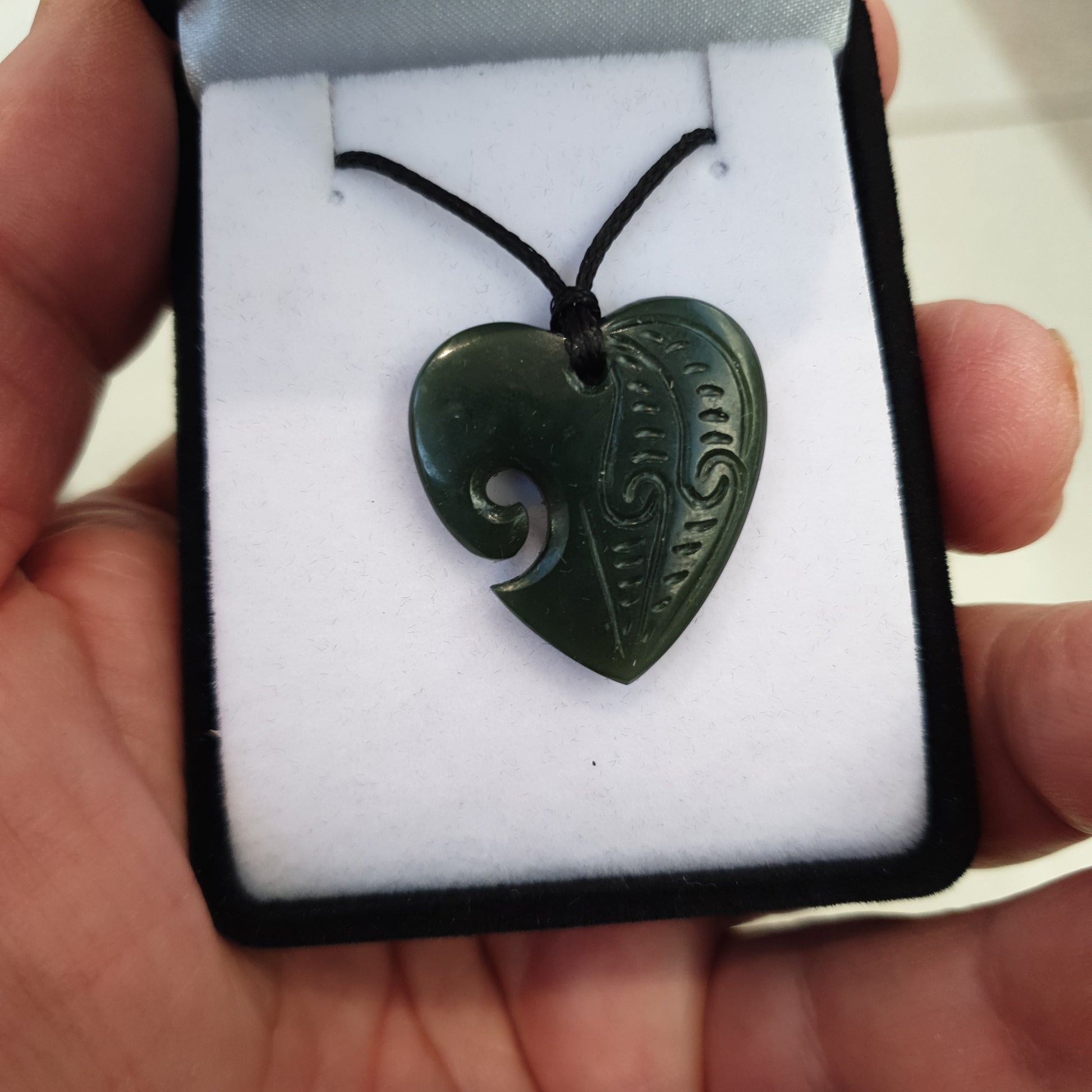 Heart Greenstone Pendant with Carved Detail - Rivendell Shop