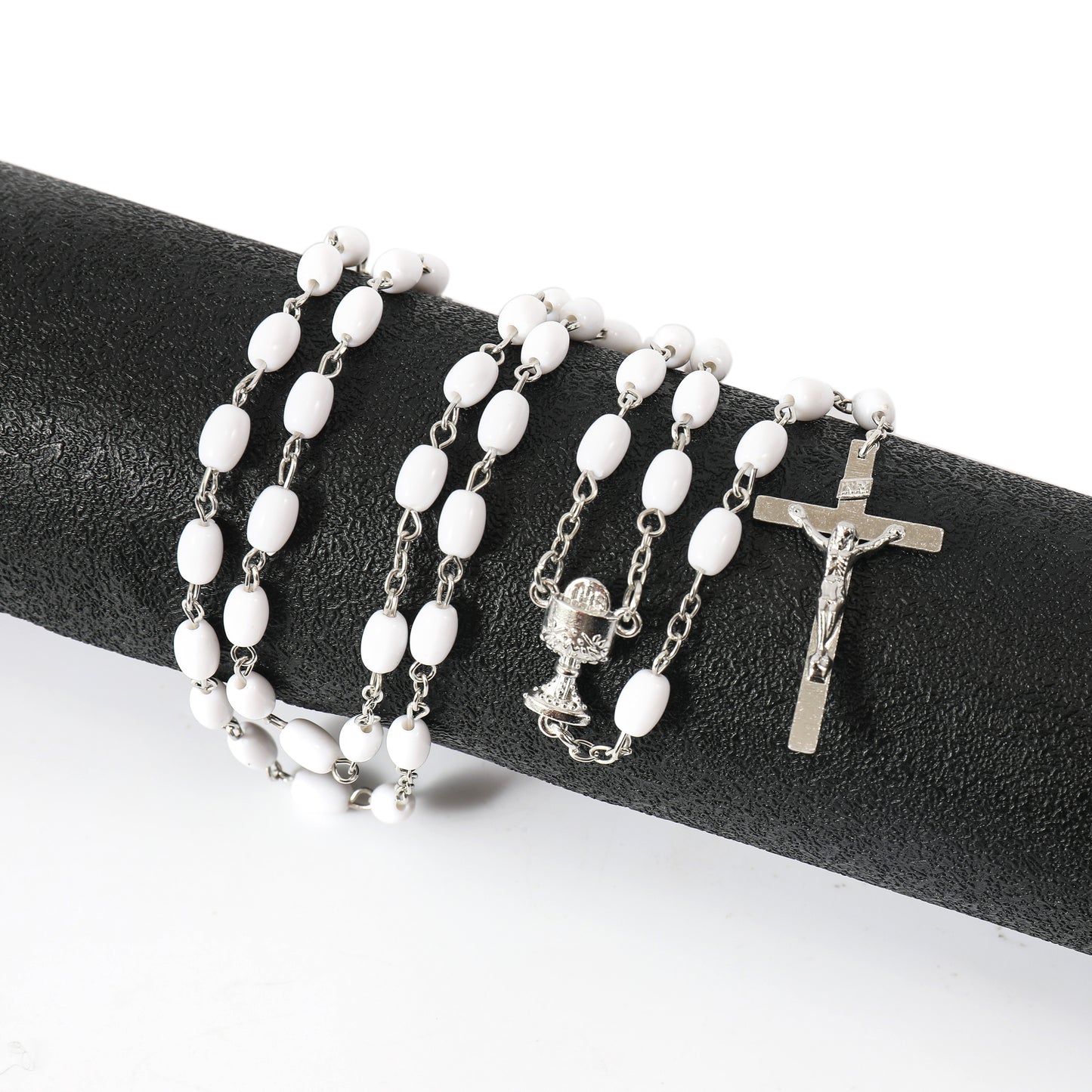 Silver and White Rosary with Cross - Rivendell Shop