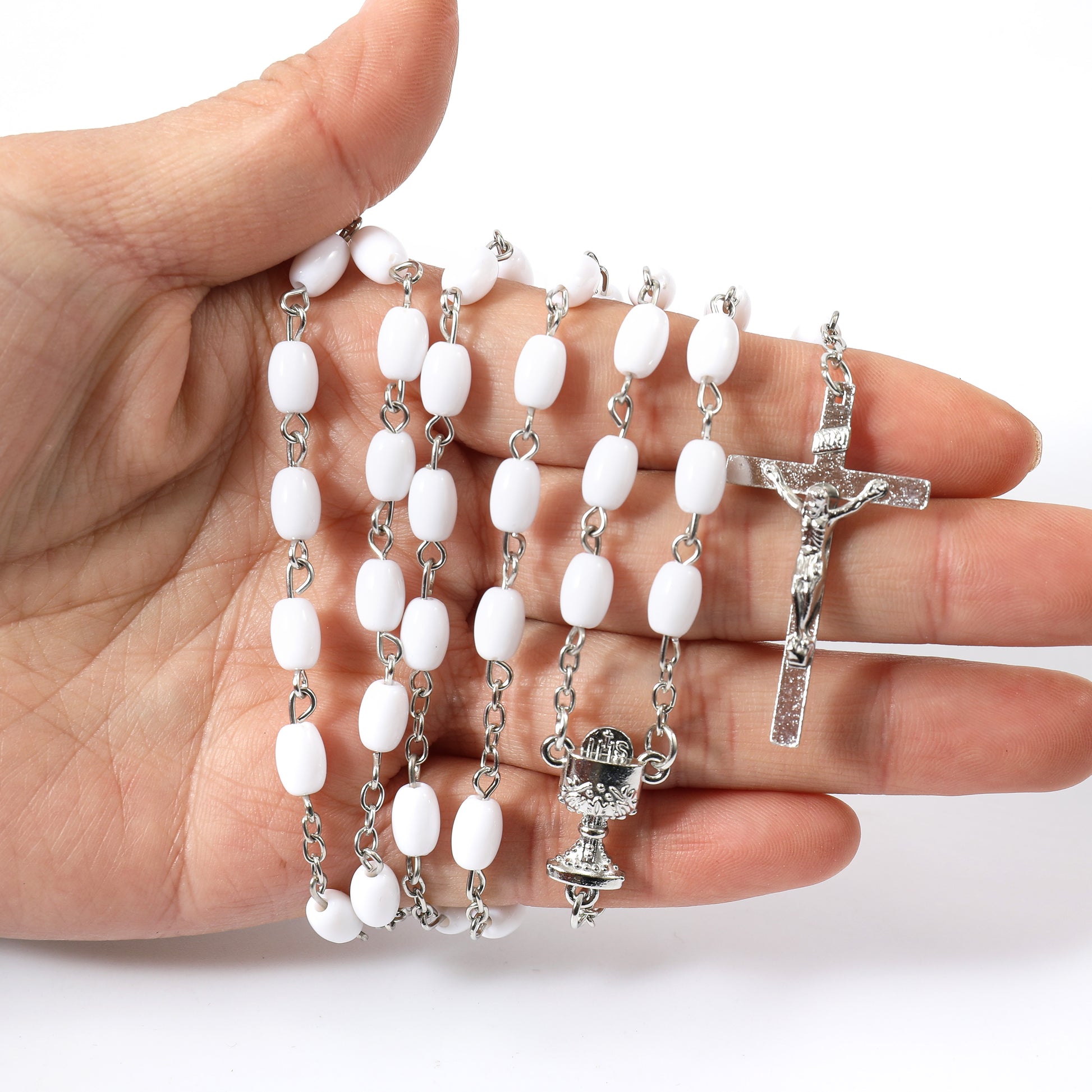 Silver and White Rosary with Cross - Rivendell Shop