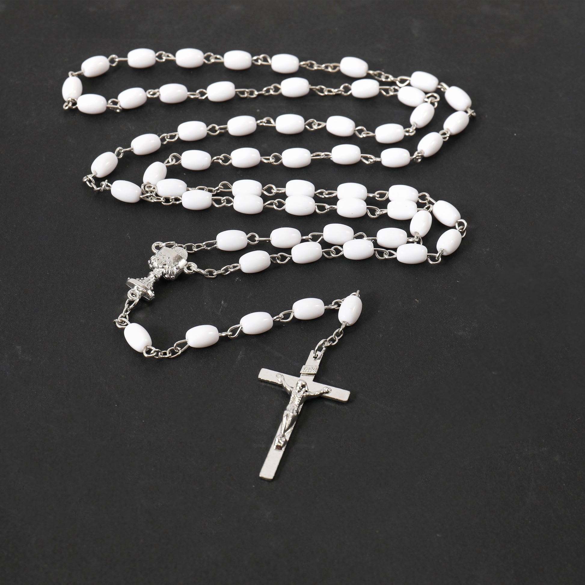 Silver and White Rosary with Cross - Rivendell Shop