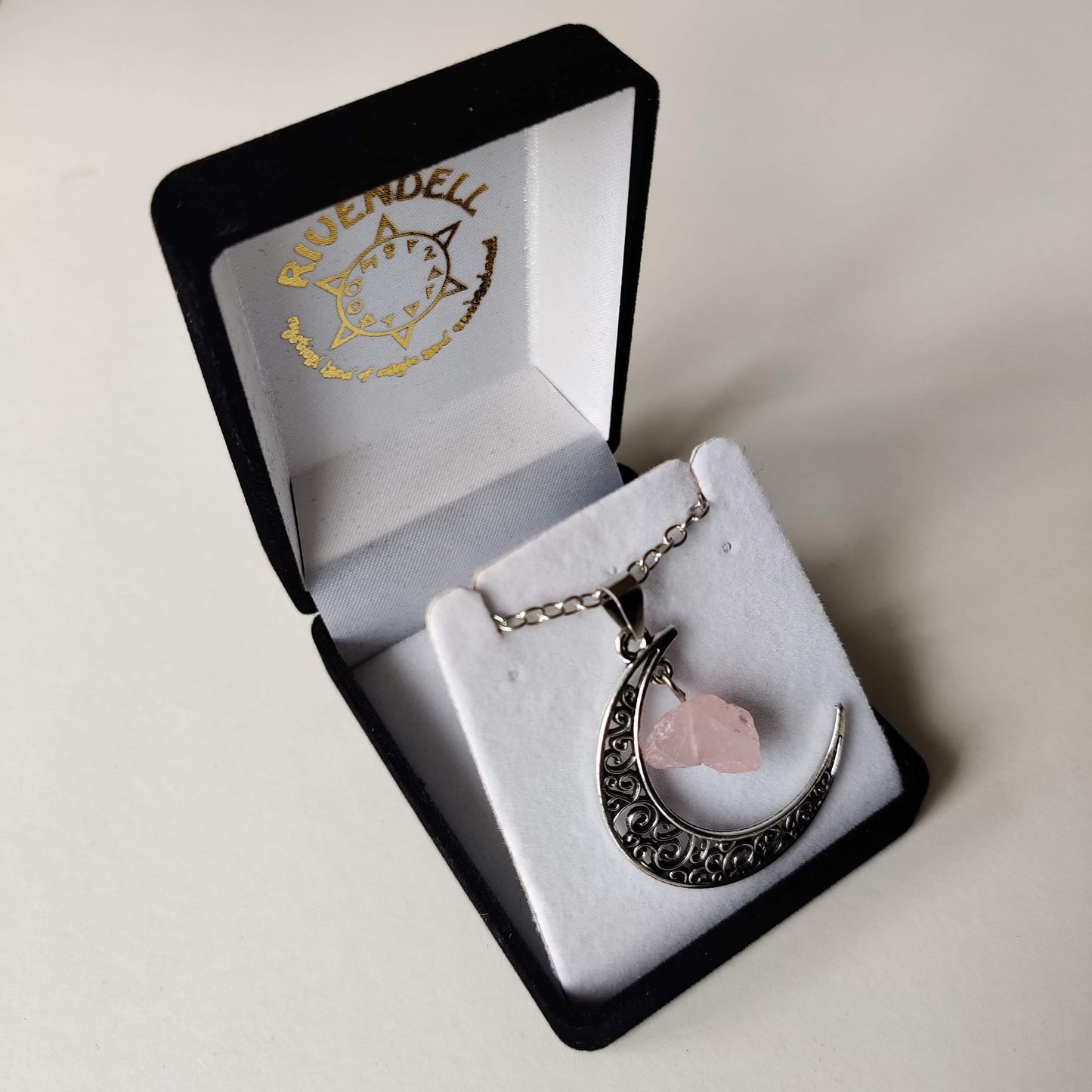 Rose Quartz Moon Pendant with Silver Chain - Rivendell Shop