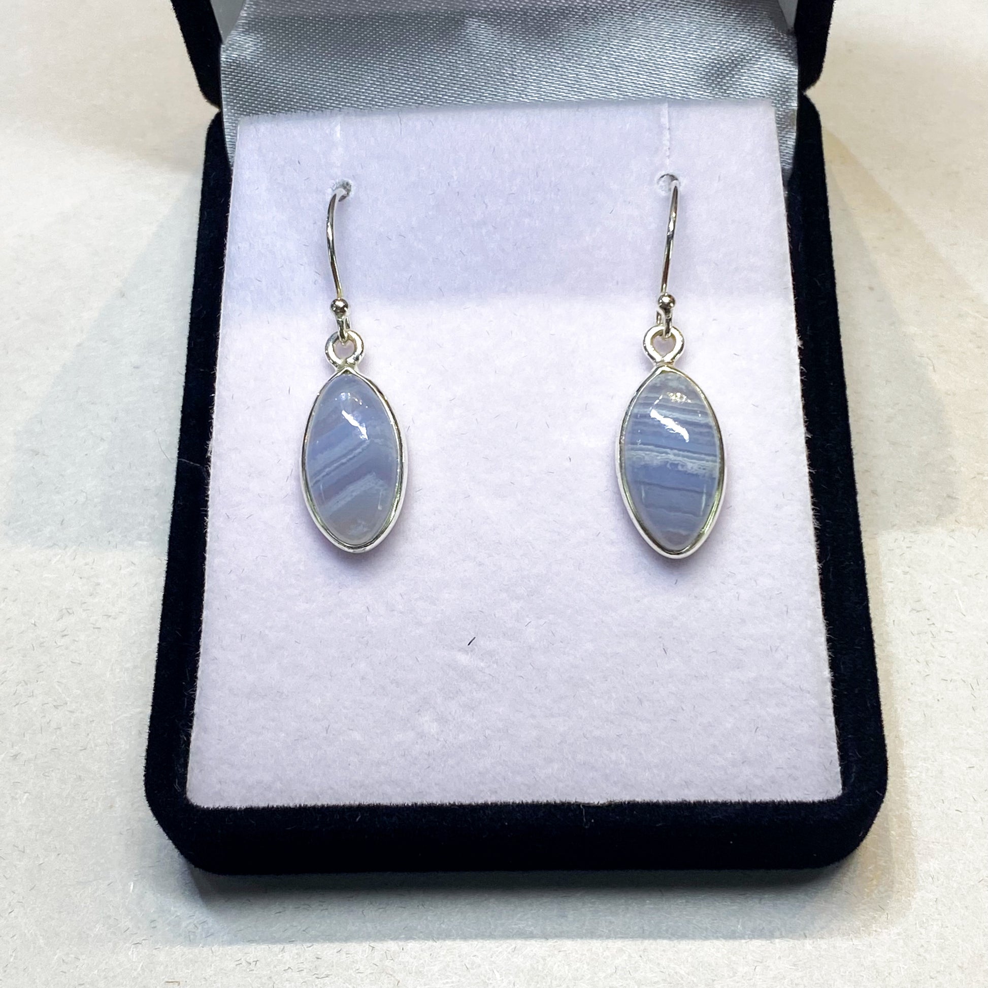 Blue Lace Agate Long Oval Earrings - Rivendell Shop