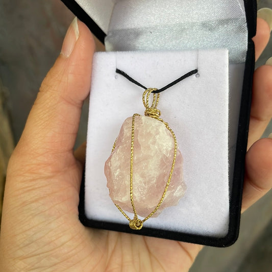 Raw rose quartz wire-wrapped pendant - Rivendell Shop