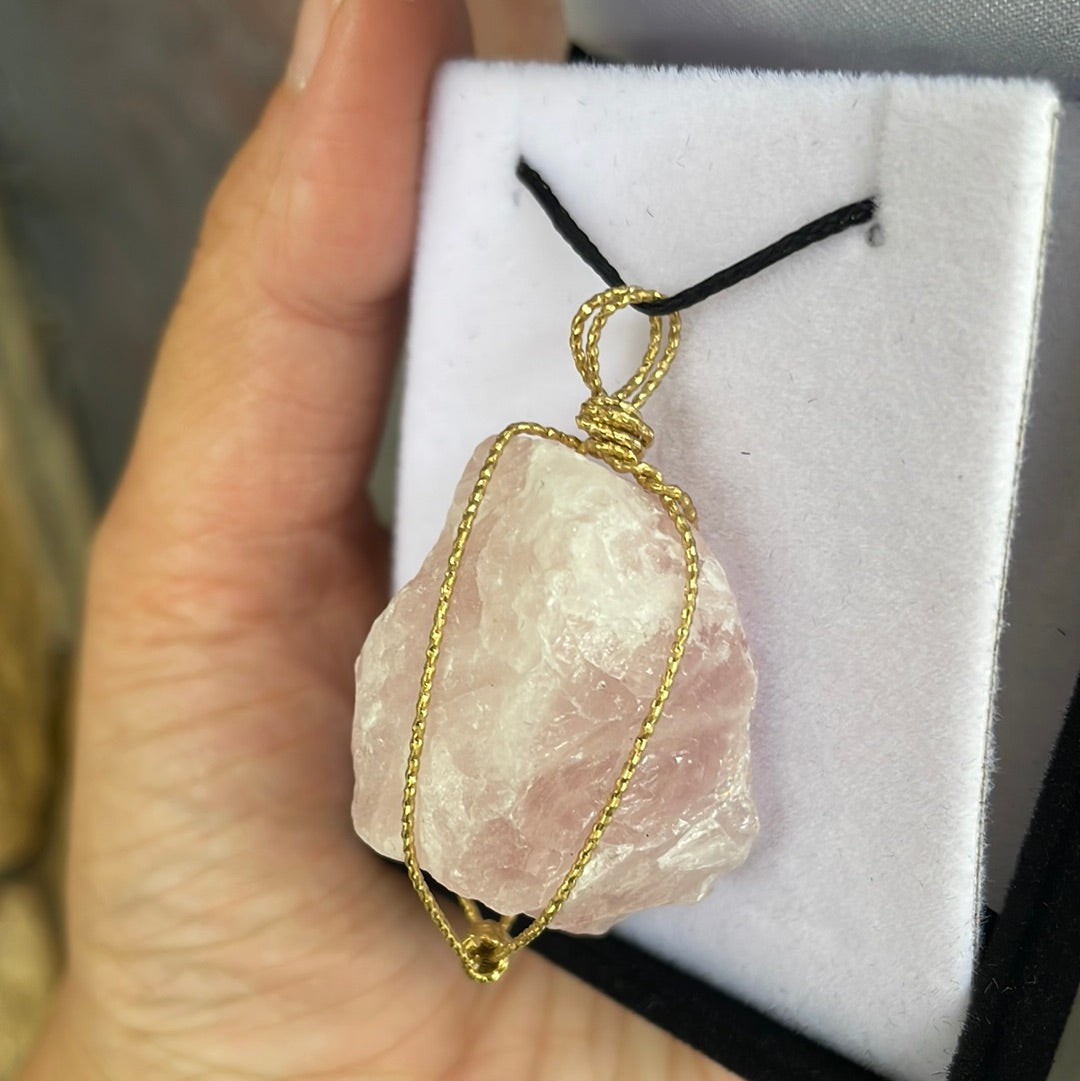 Raw rose quartz wire-wrapped pendant - Rivendell Shop