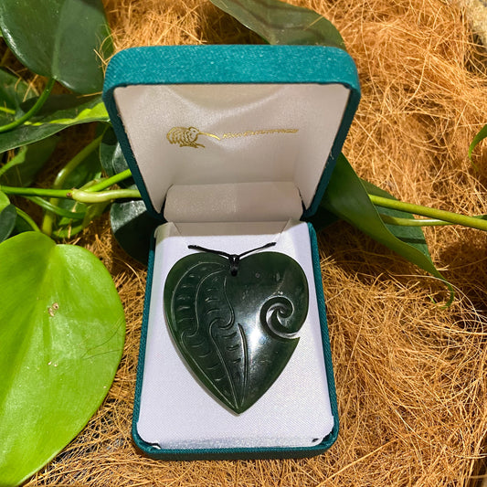 Heart Greenstone Pendant Carving with Koru Indentation - Rivendell Shop