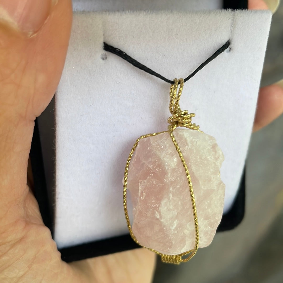 Raw rose quartz wire-wrapped pendant - Rivendell Shop