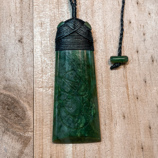 Large Greenstone Toki Pendant w Tiki Carving 84x32mm - Rivendell Shop