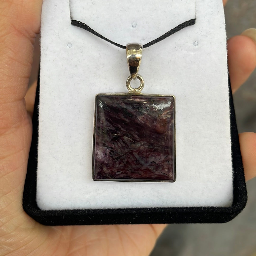 Charoite square sterling silver pendant - Rivendell Shop