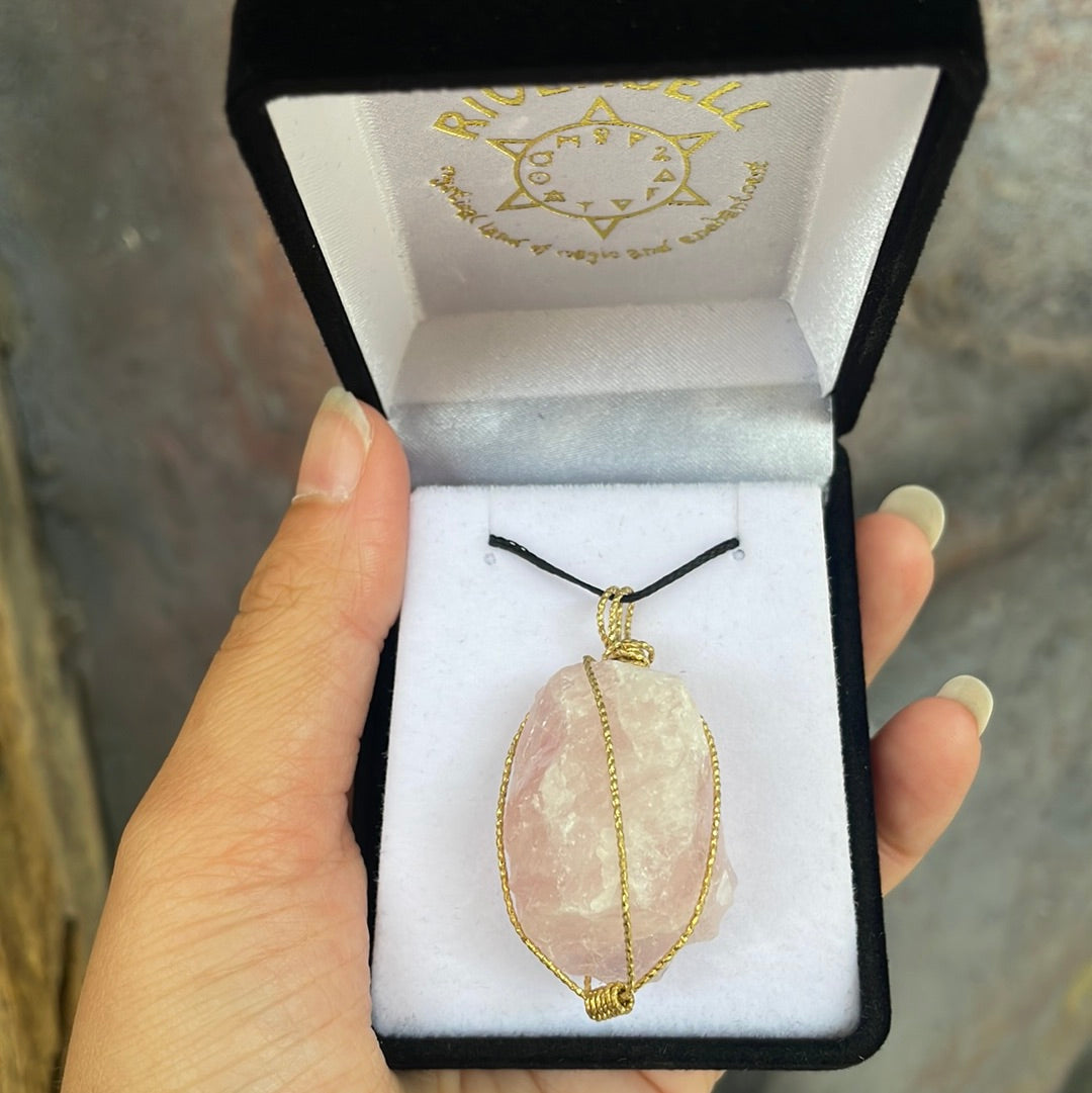 Raw rose quartz wire-wrapped pendant - Rivendell Shop