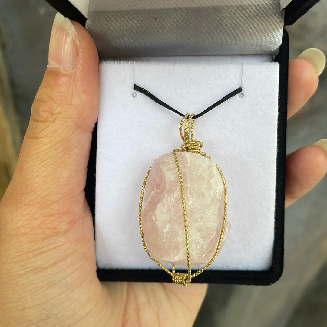 Raw rose quartz wire-wrapped pendant - Rivendell Shop