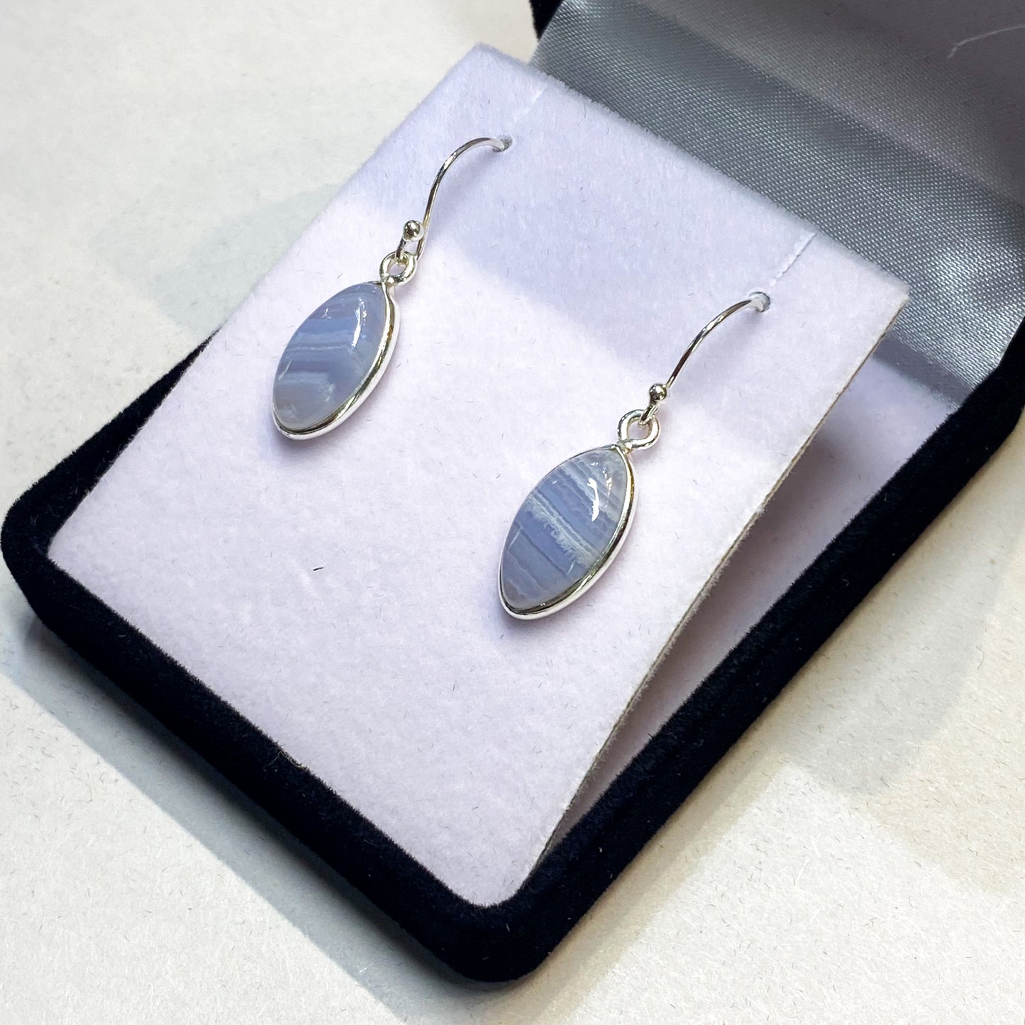 Blue Lace Agate Long Oval Earrings - Rivendell Shop