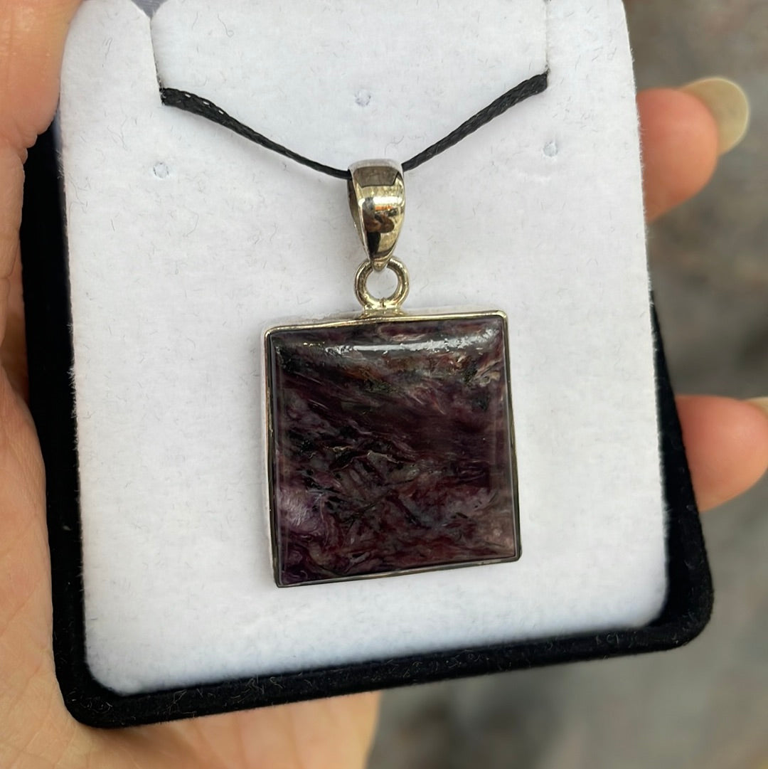 Charoite square sterling silver pendant - Rivendell Shop